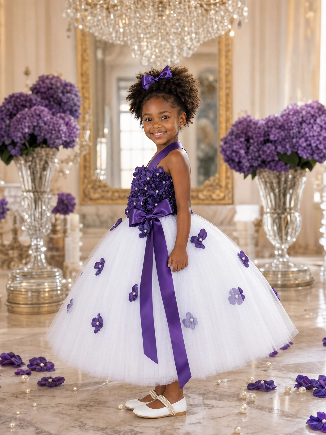 "Amethyst Dream" White Tulle & Purple Floral Tutu Dress