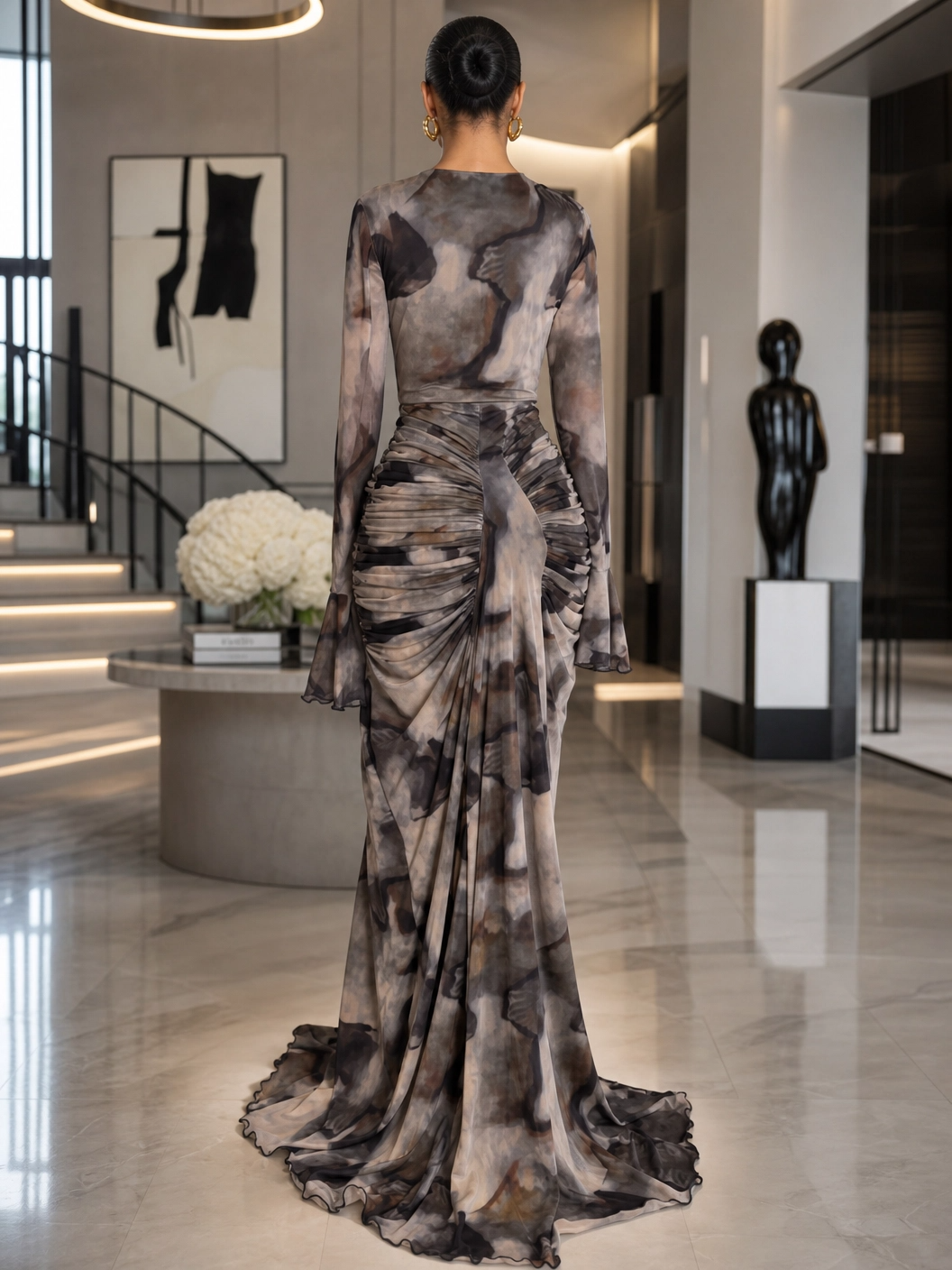 The "Ethereal Horizon" Abstract Ruched Maxi Dress