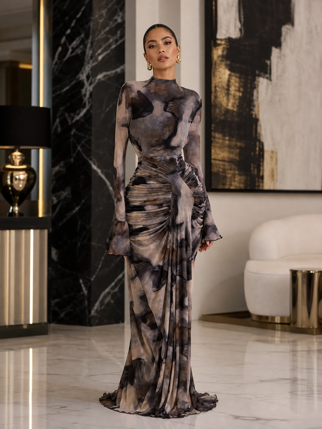 The "Ethereal Horizon" Abstract Ruched Maxi Dress
