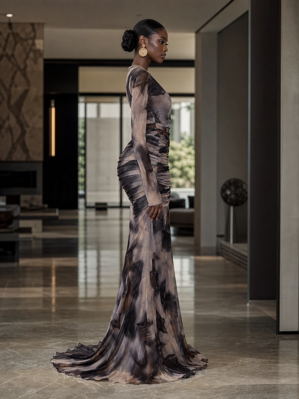 The "Ethereal Horizon" Abstract Ruched Maxi Dress
