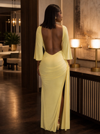 The "Golden Radiance" Backless Draped Maxi Dress