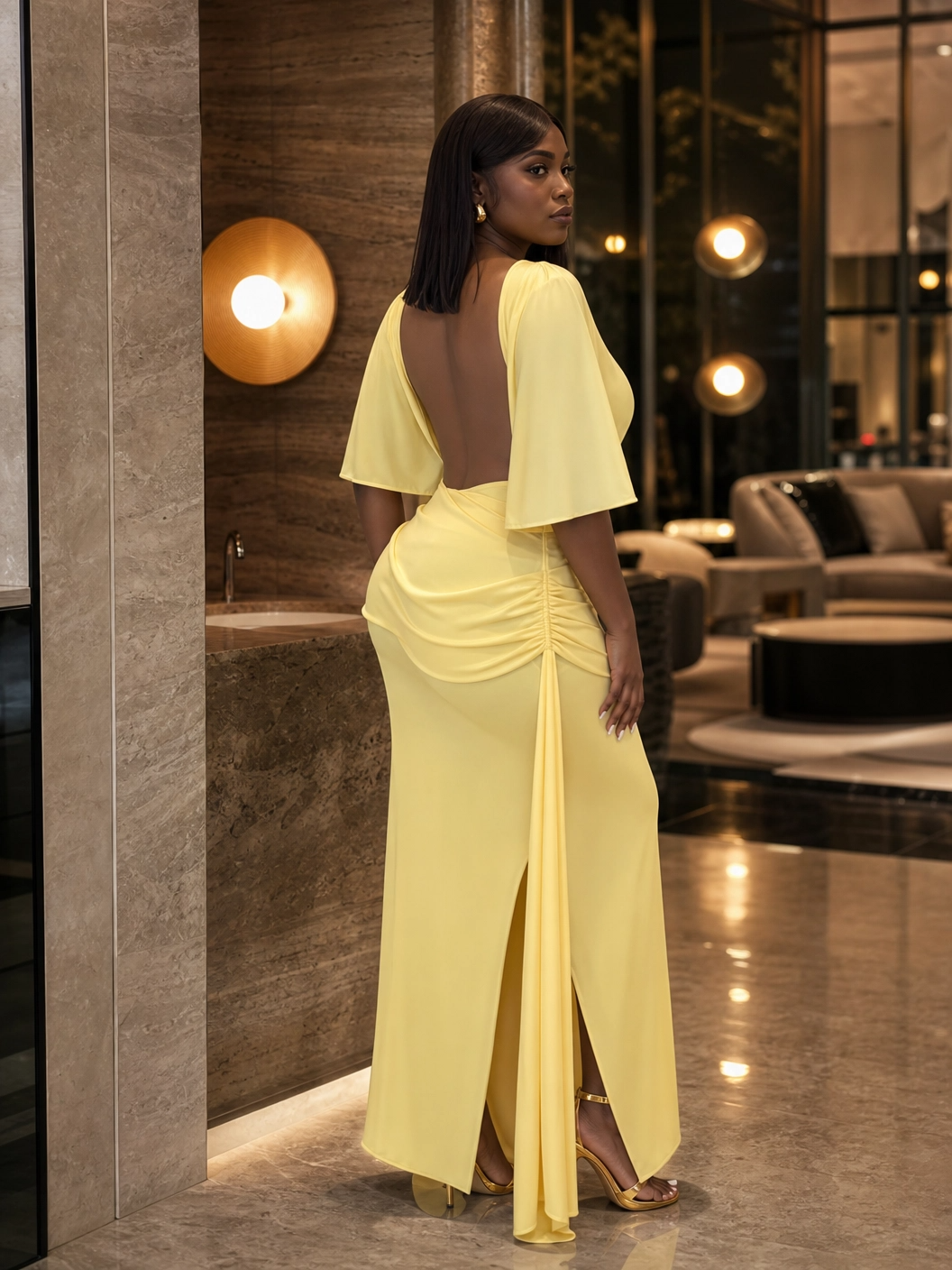 The "Golden Radiance" Backless Draped Maxi Dress