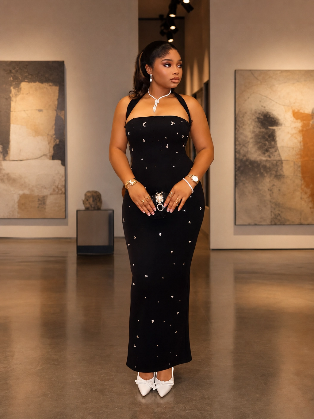 The "Starlight Gala" Crystal Halter Maxi Dress