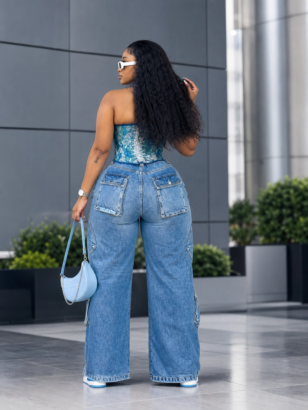 The "Urban Bloom" Corset & Cargo Denim Set