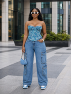 The "Urban Bloom" Corset & Cargo Denim Set