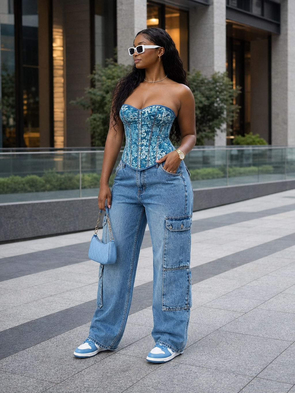 The "Urban Bloom" Corset & Cargo Denim Set