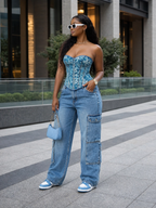 The "Urban Bloom" Corset & Cargo Denim Set