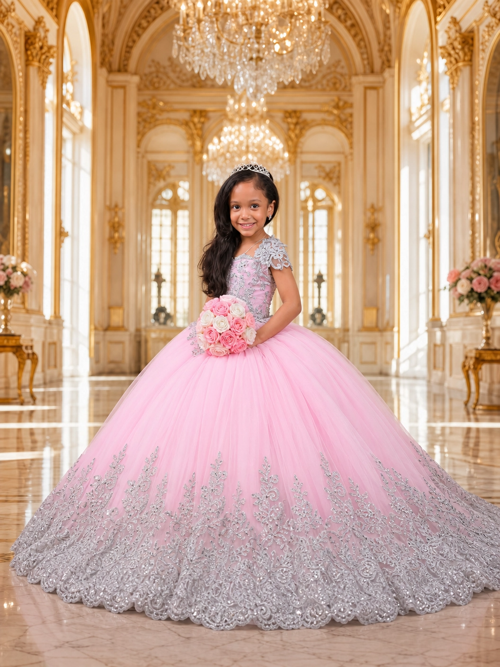 "Regal Bloom" Pink & Silver Filigree Ballgown