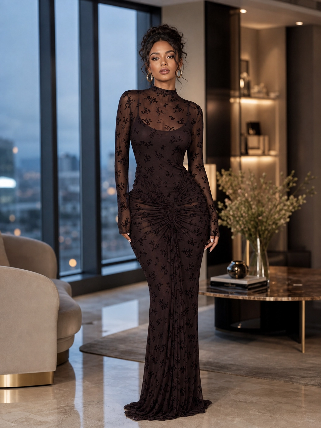 The "Ethereal Horizon" Abstract Ruched Maxi Dress