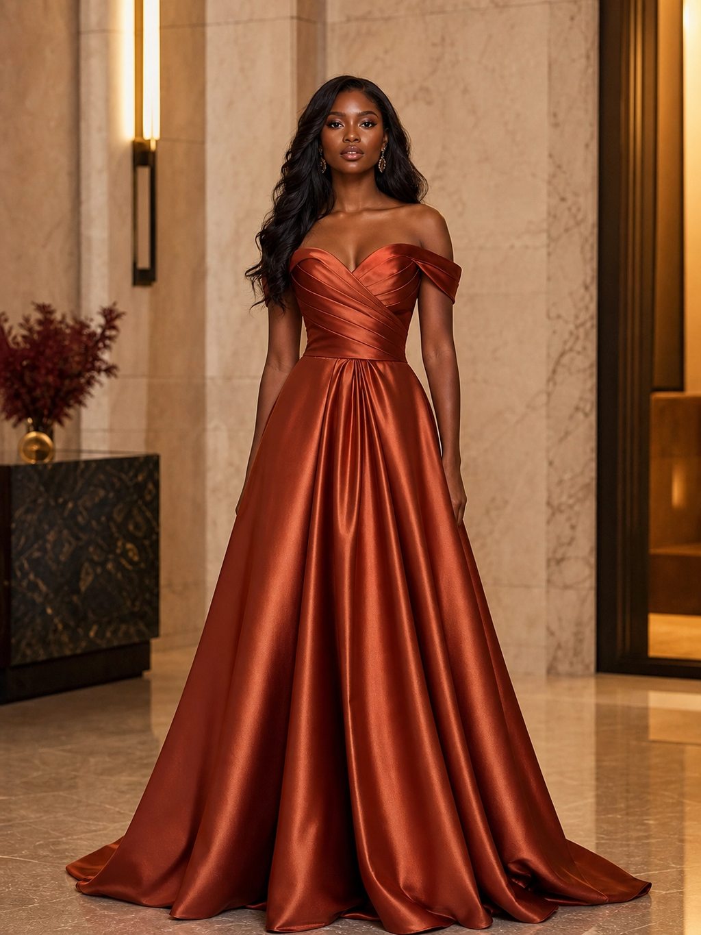 The "Terra" Off-Shoulder Satin Gown