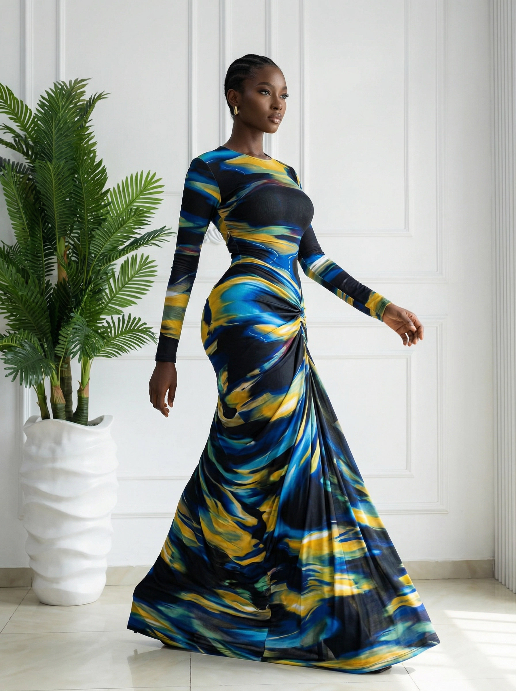Azure Abstract: Knotted Maxi Sculpt Dress