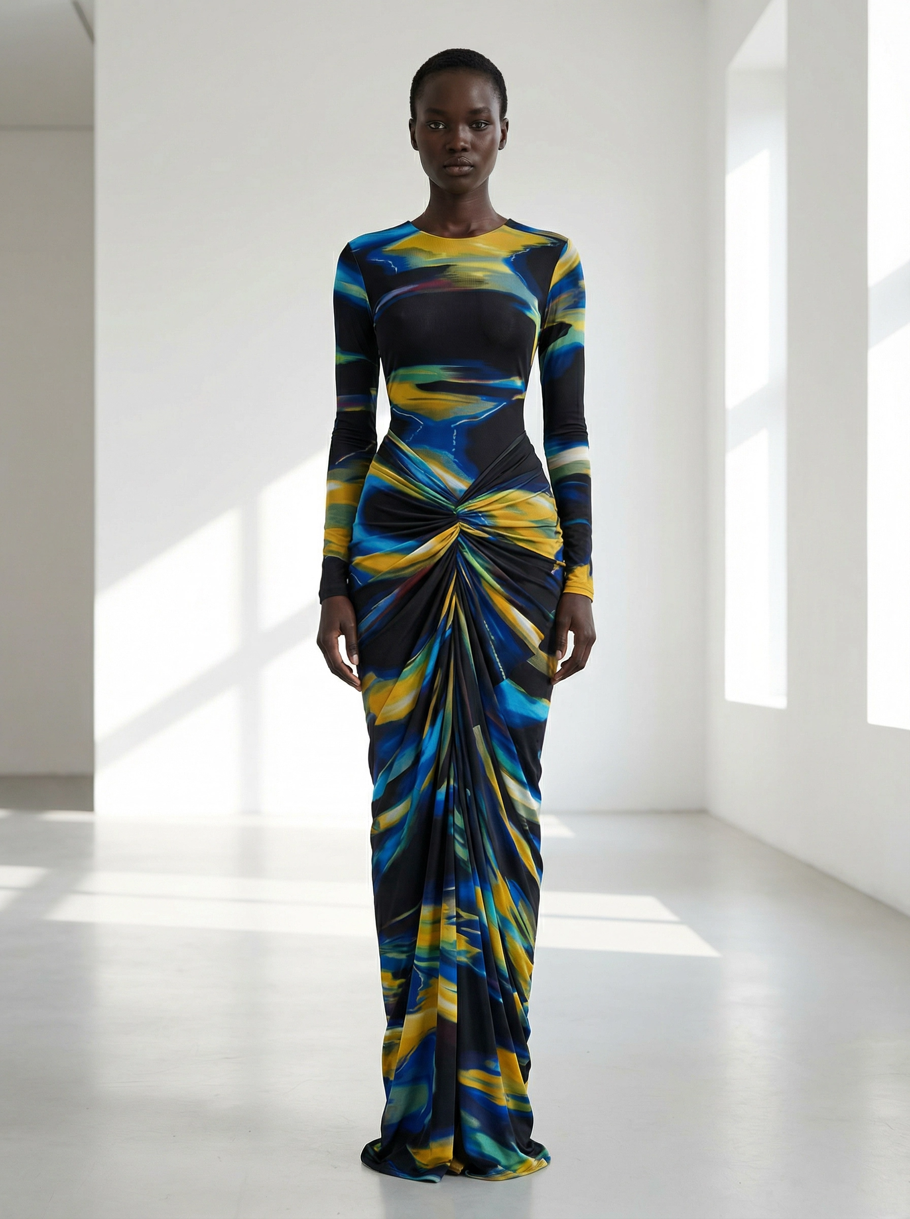 Azure Abstract: Knotted Maxi Sculpt Dress