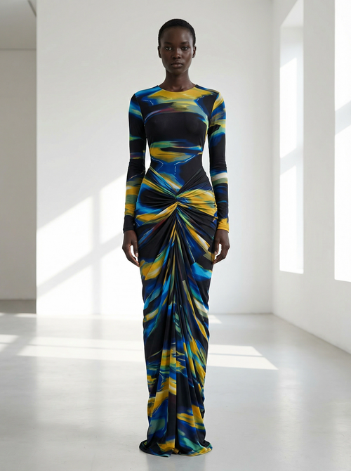 Azure Abstract: Knotted Maxi Sculpt Dress
