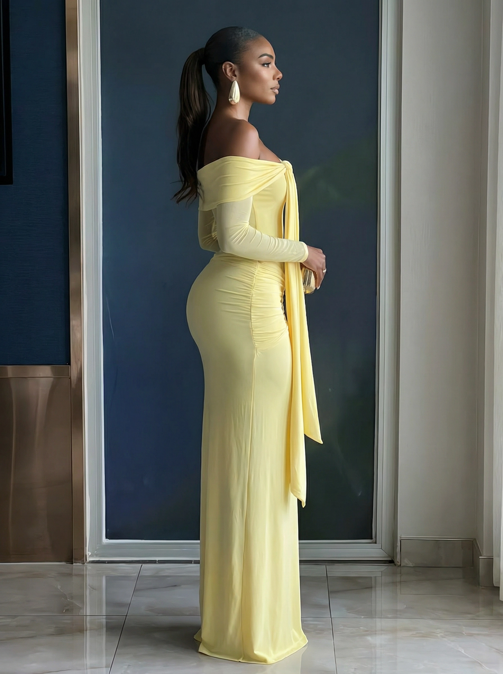 Saffron Serenity: Knotted Drape Maxi Dress