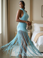 Azure Cascade: Fringed Halter Maxi Dress