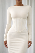 Ivory Sculpt: Structured Corset Maxi Dres