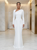 Alabaster Aura: Asymmetric Ruched Maxi Dress