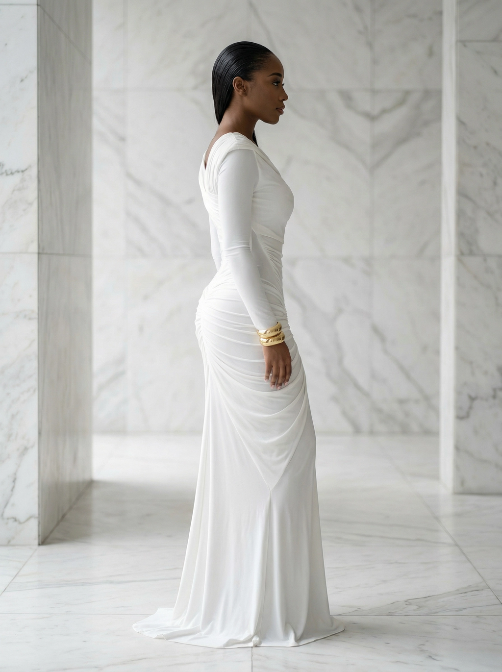 Alabaster Aura: Asymmetric Ruched Maxi Dress