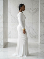 Alabaster Aura: Asymmetric Ruched Maxi Dress