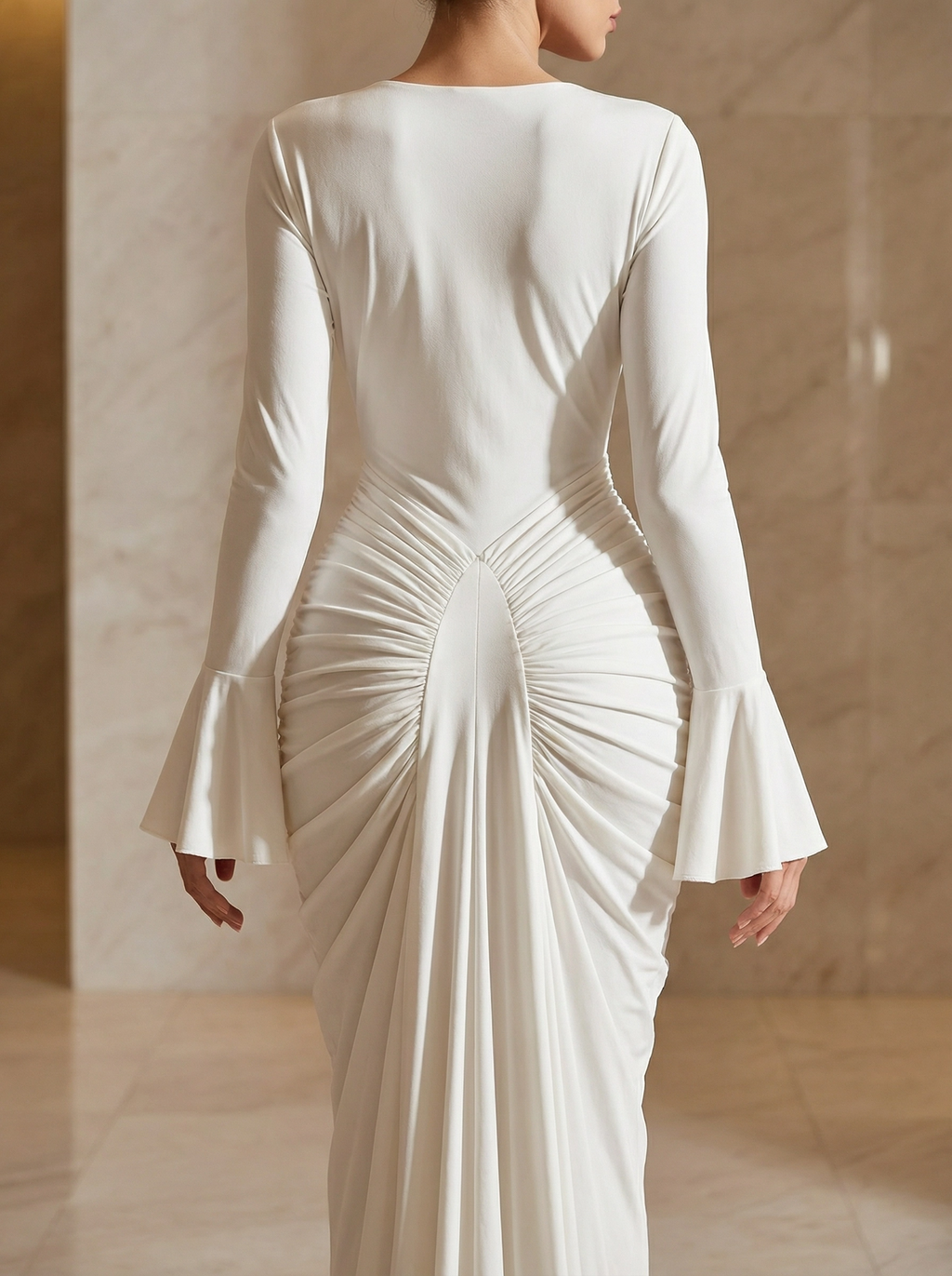 Alabaster Aura: Asymmetric Ruched Maxi Dress