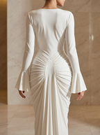 Alabaster Aura: Asymmetric Ruched Maxi Dress