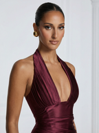 Burgundy Radiance: Pleated Halter Satin Gown