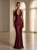 Burgundy Radiance: Pleated Halter Satin Gown
