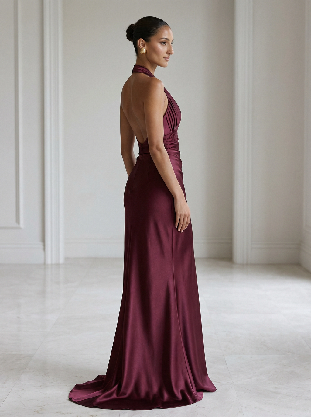 Burgundy Radiance: Pleated Halter Satin Gown