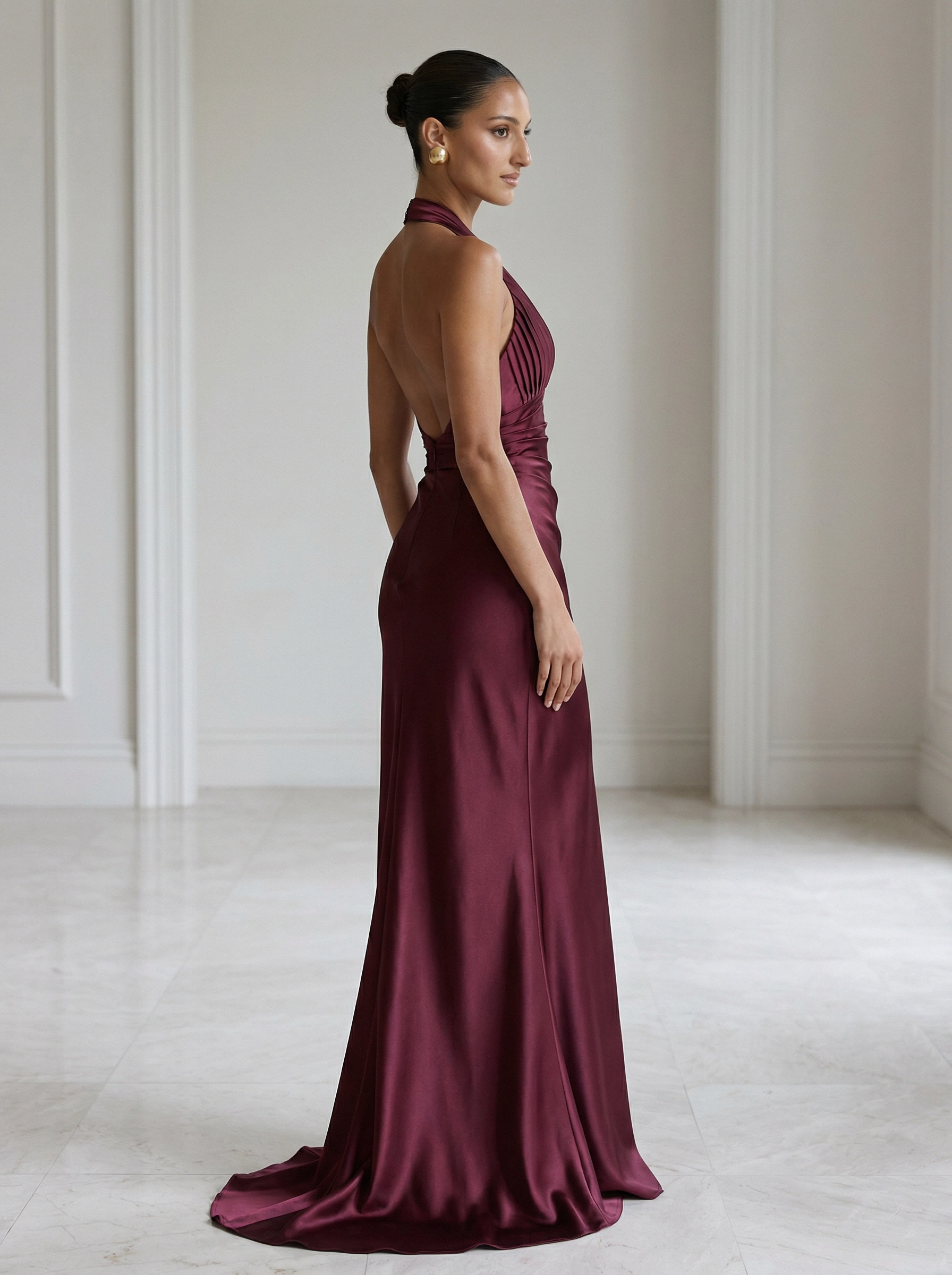 Burgundy Radiance: Pleated Halter Satin Gown