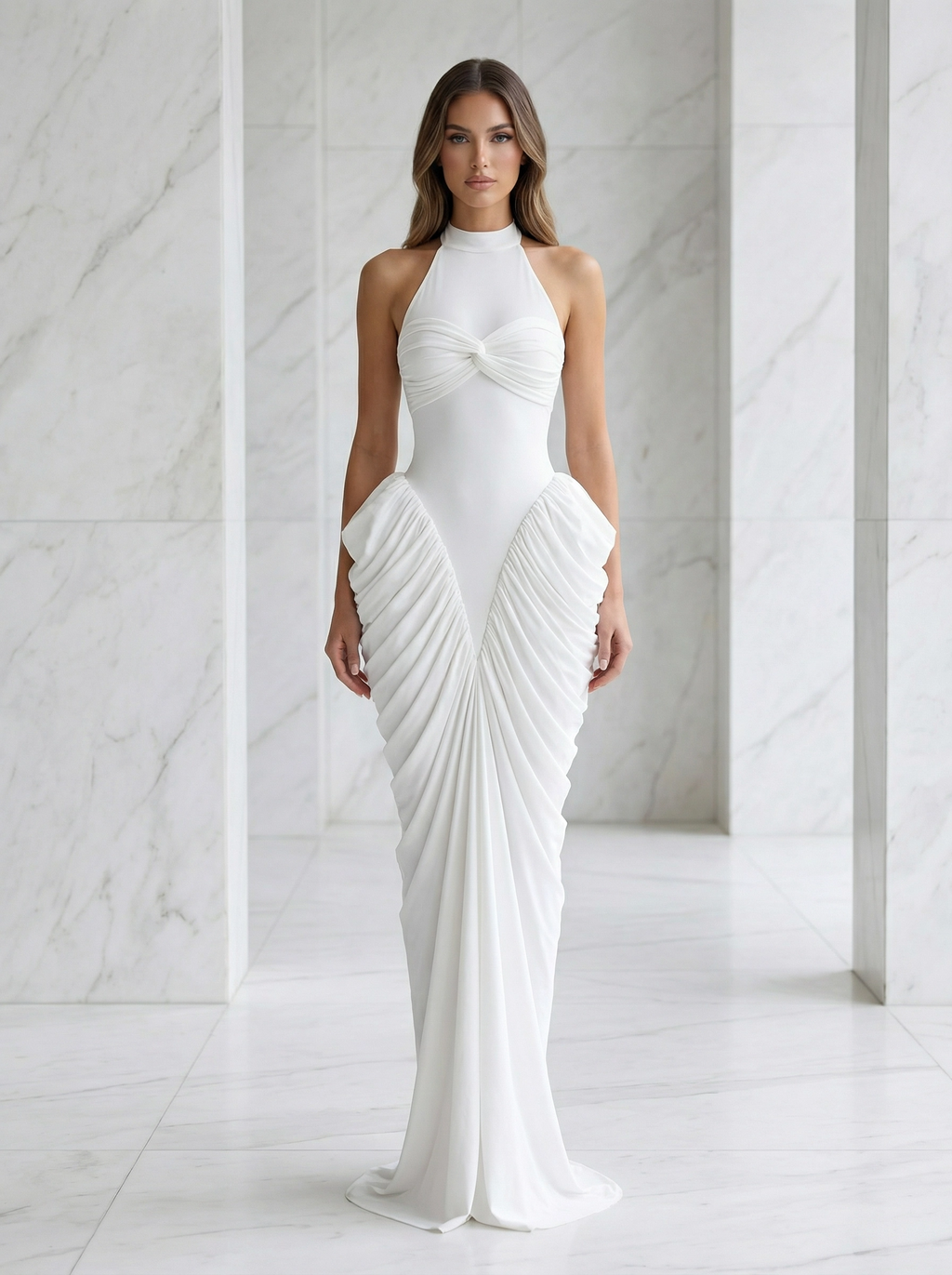 Alabaster Sculpture: Twisted Halter Ruched Gown