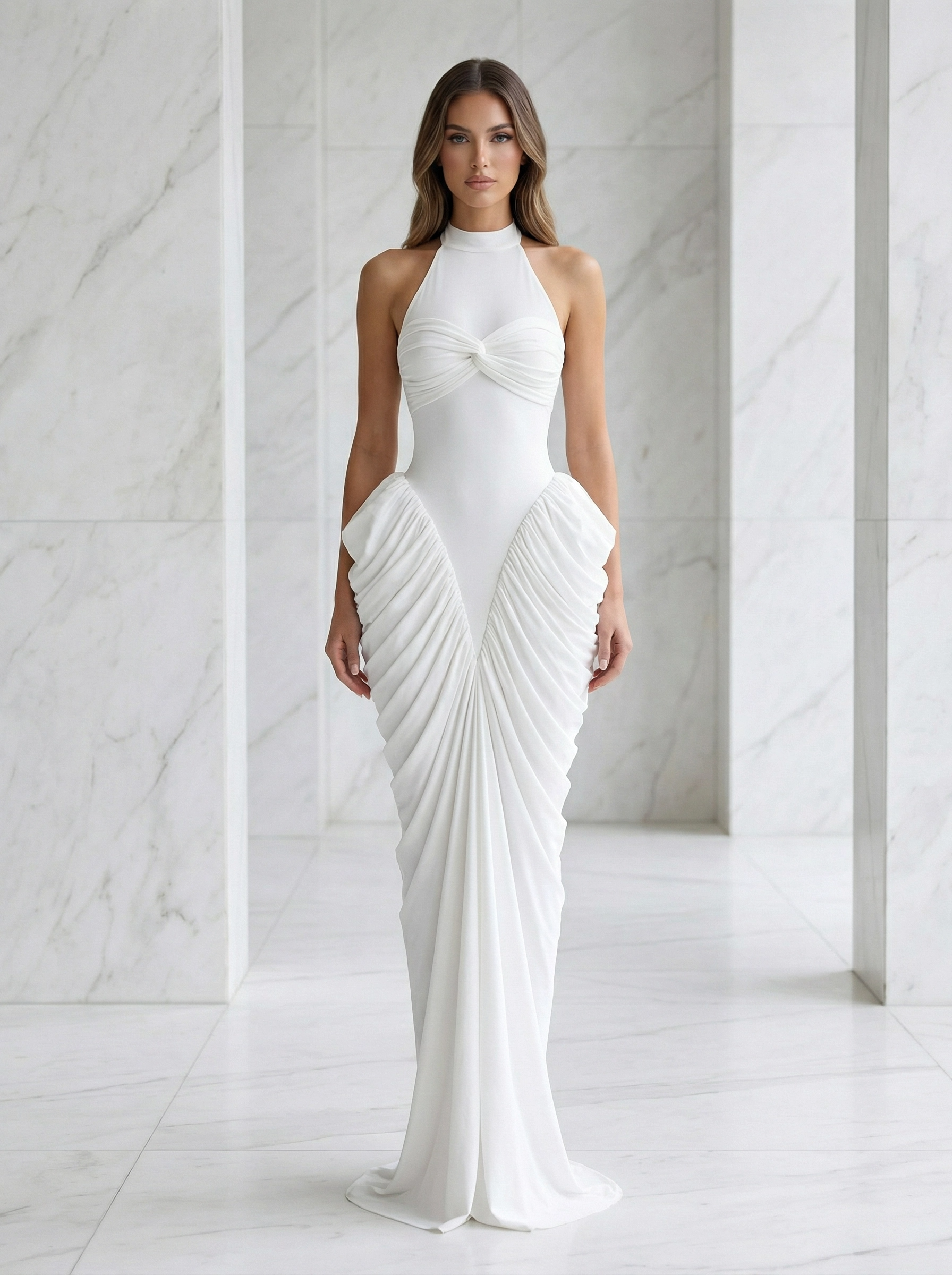Alabaster Sculpture: Twisted Halter Ruched Gown