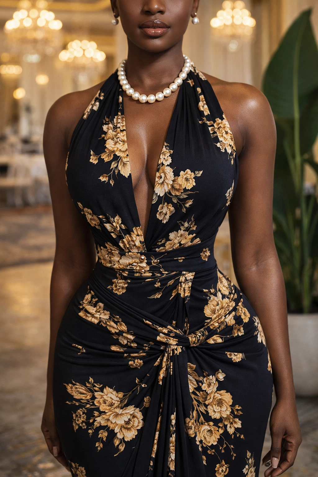Golden Noir: Floral Halter Mermaid Gown