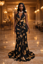 Golden Noir: Floral Halter Mermaid Gown