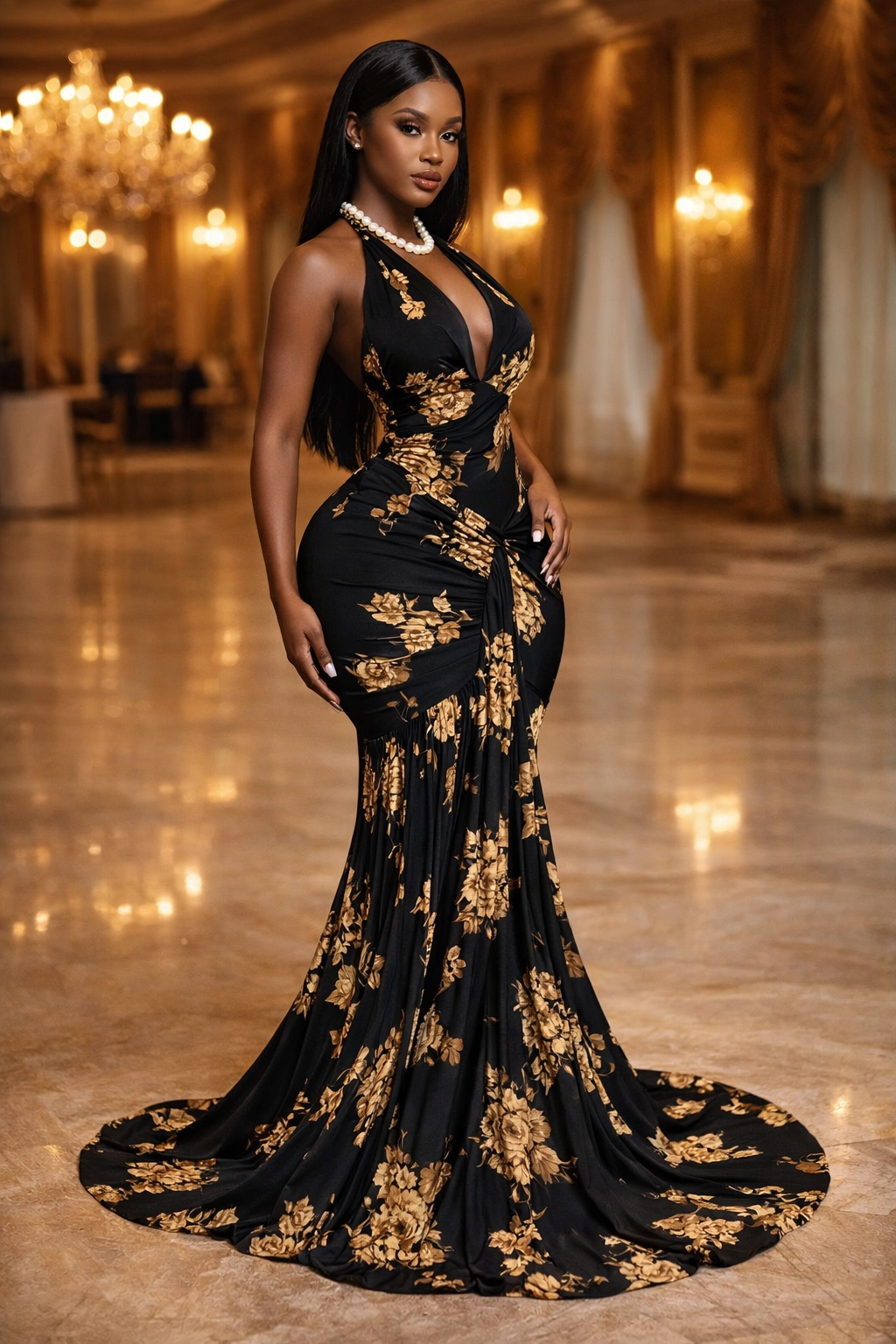 Golden Noir: Floral Halter Mermaid Gown