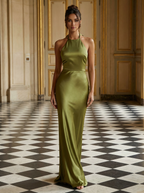 Olive Opulence: Lace-Up Corset Satin Gown