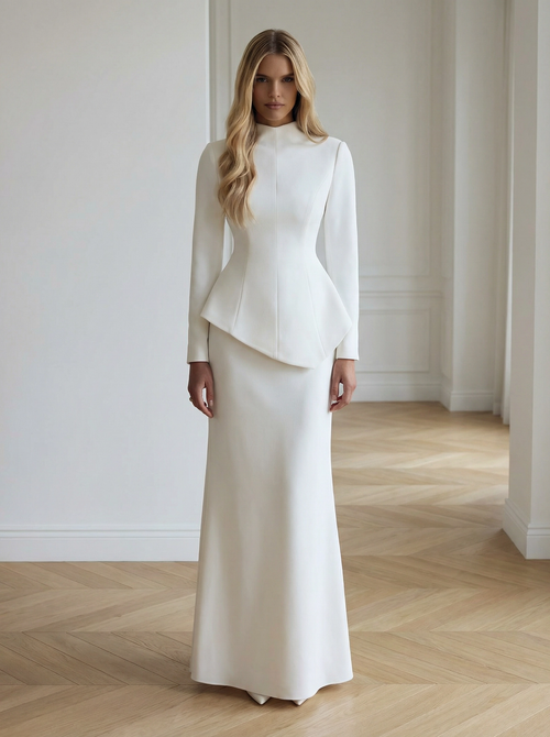Architectural Ivory: Asymmetric Peplum Mock-Neck Gown
