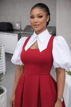 Scarlet Bloom: Contrast Puff-Sleeve Midi Dress