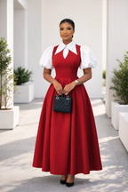 Scarlet Bloom: Contrast Puff-Sleeve Midi Dress