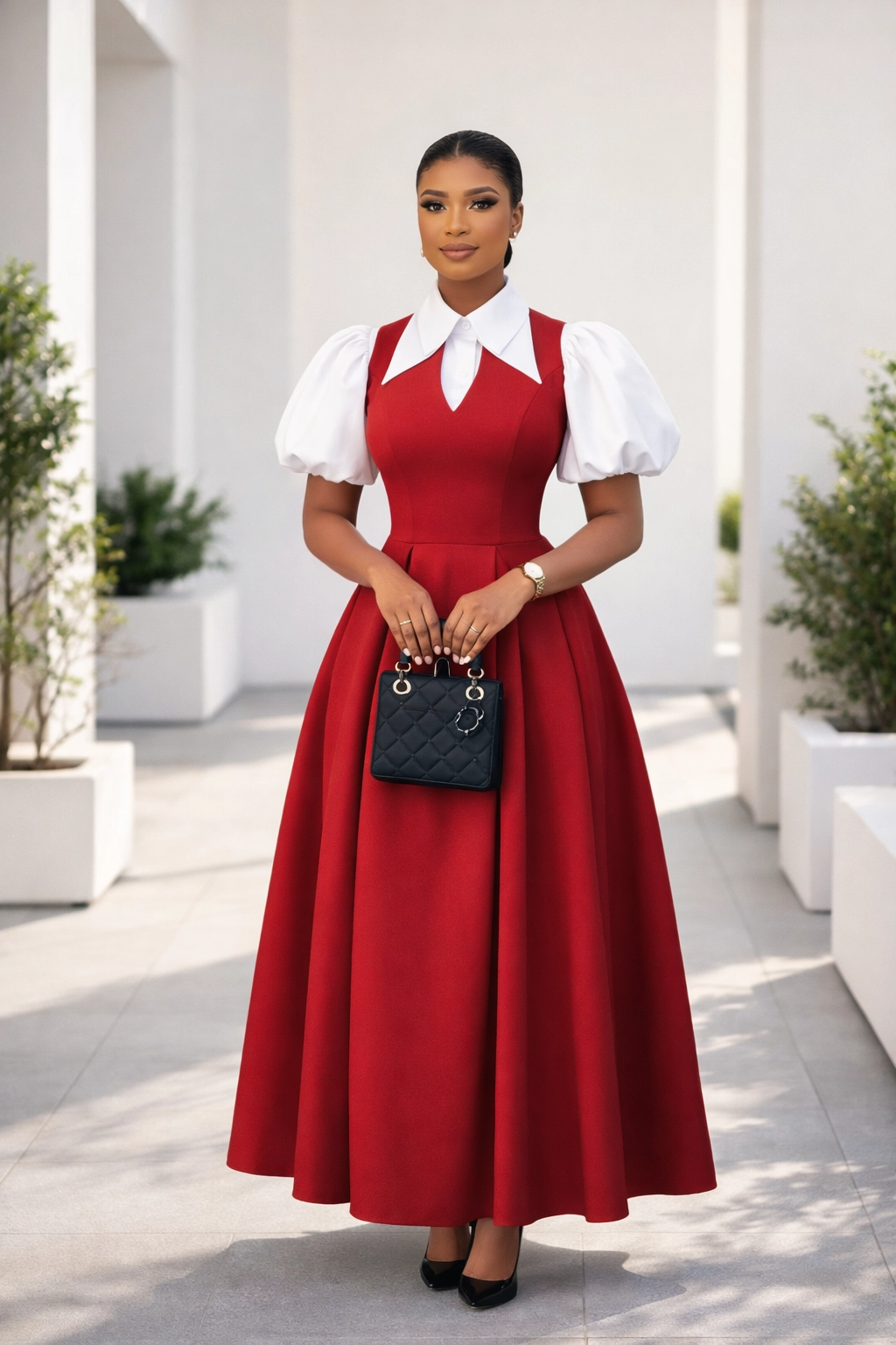 Scarlet Bloom: Contrast Puff-Sleeve Midi Dress