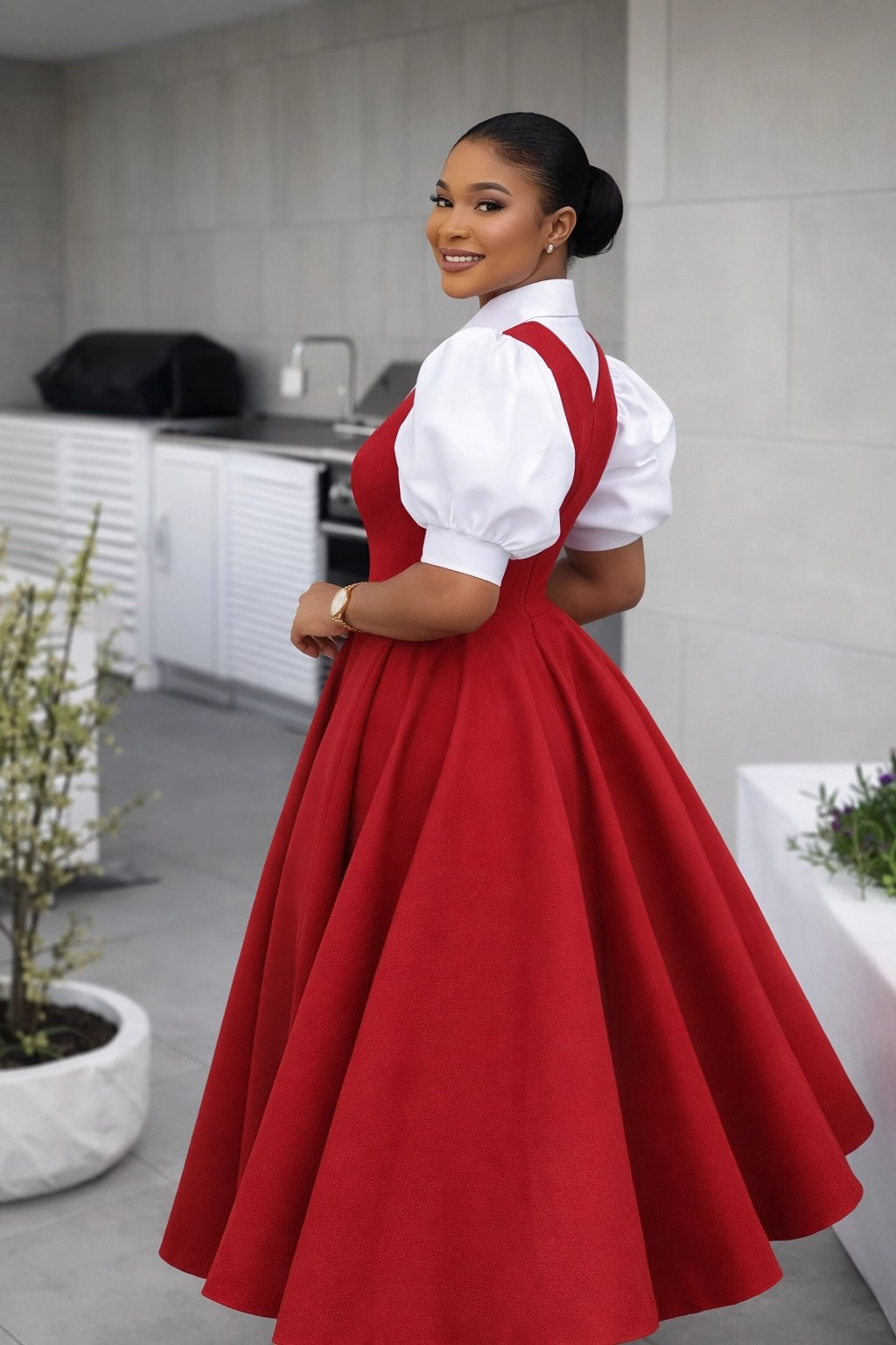 Scarlet Bloom: Contrast Puff-Sleeve Midi Dress