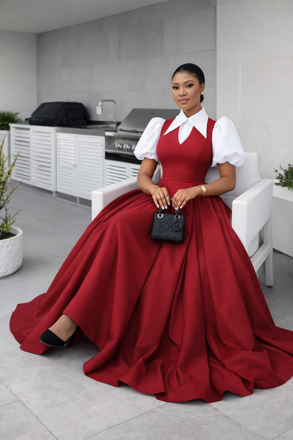 Scarlet Bloom: Contrast Puff-Sleeve Midi Dress