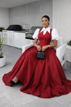 Scarlet Bloom: Contrast Puff-Sleeve Midi Dress