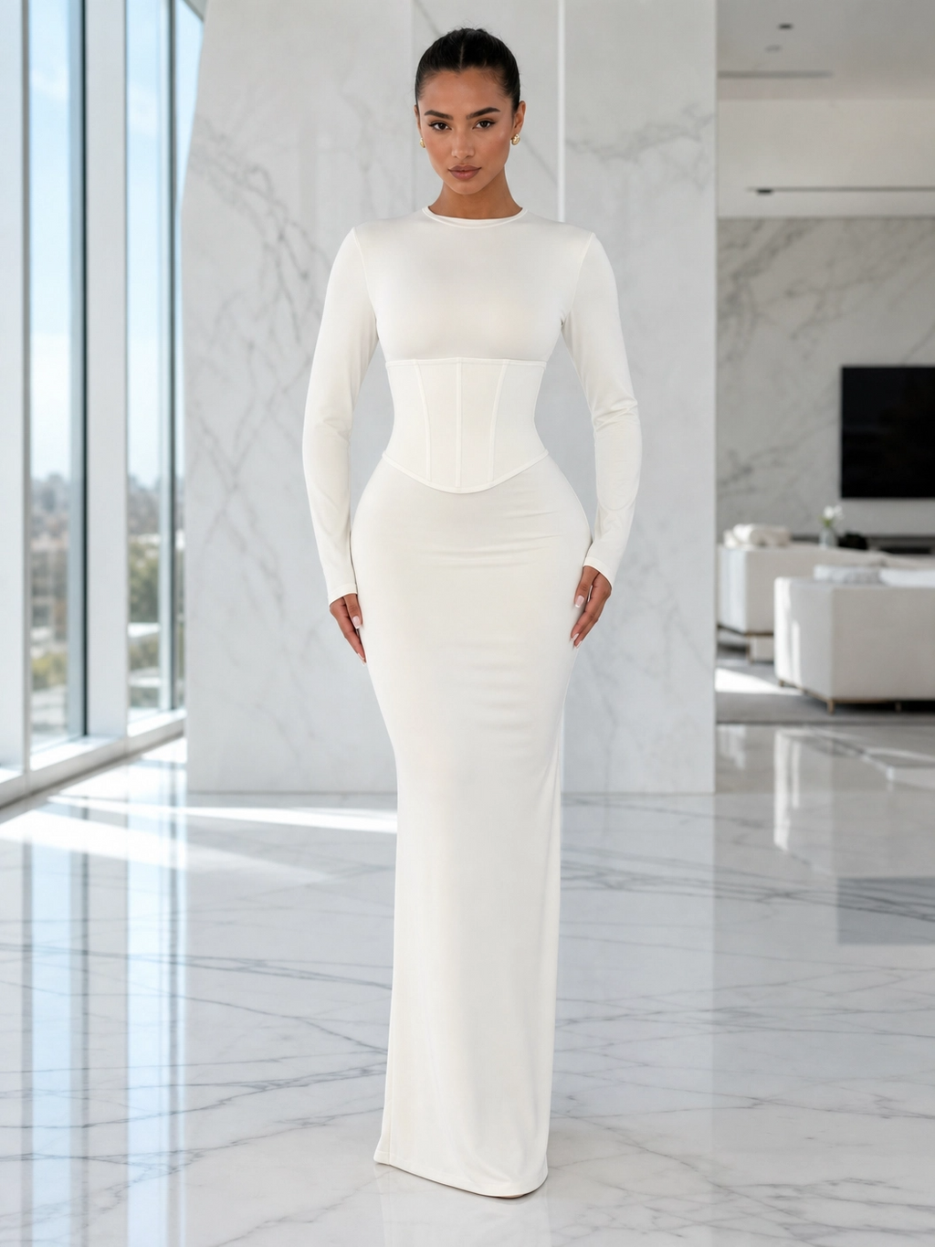The "Sculpted Serenity" Corset-Waist Maxi Dress