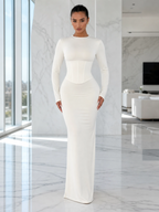 The "Sculpted Serenity" Corset-Waist Maxi Dress