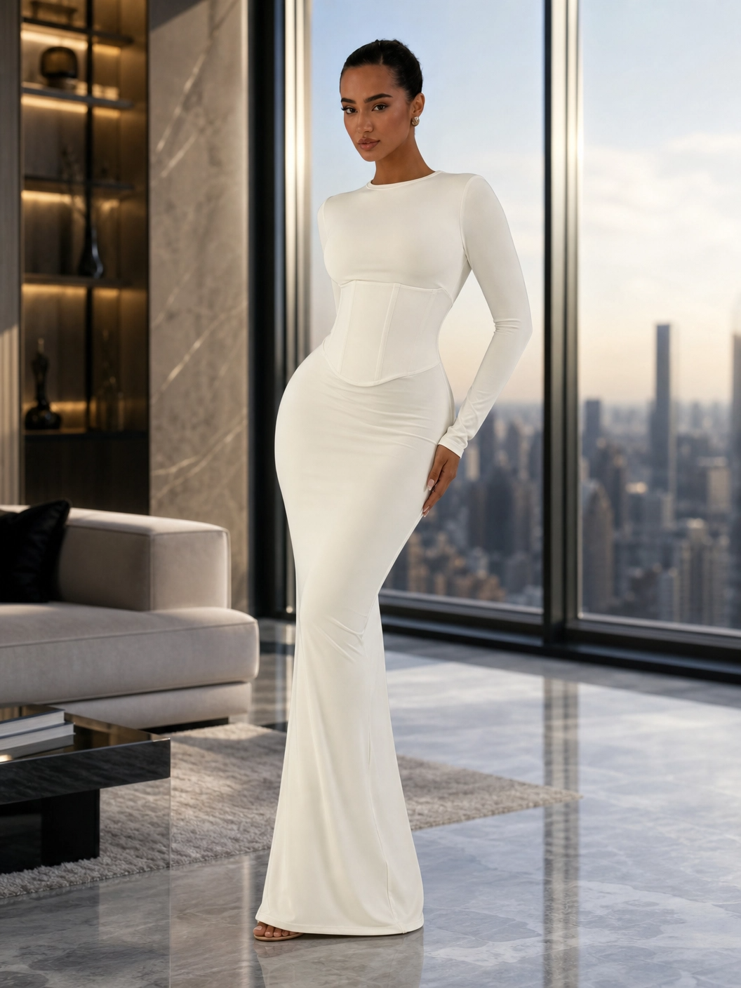 The "Sculpted Serenity" Corset-Waist Maxi Dress