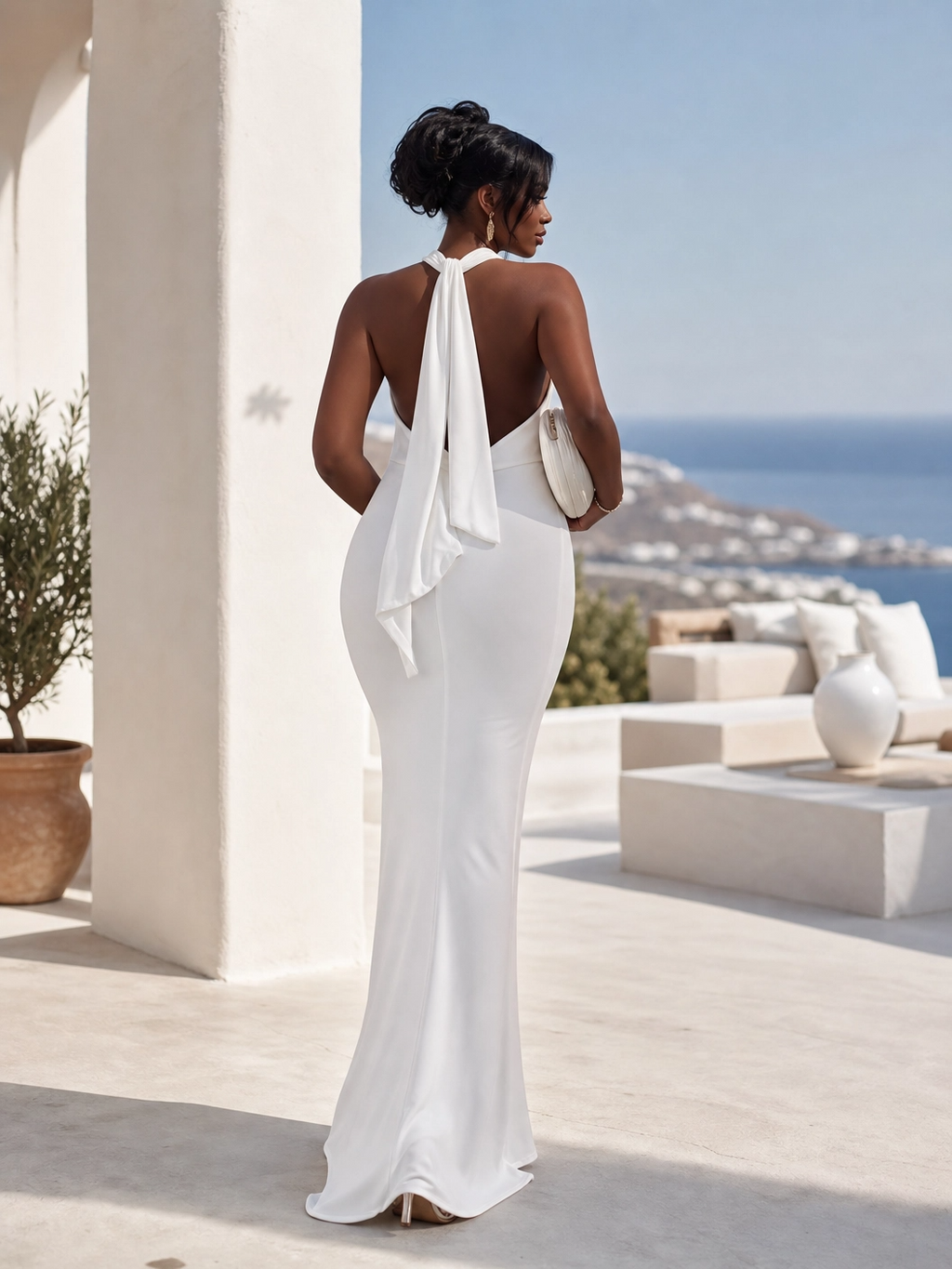 he "Mediterranean Muse" Sculpted Halter Maxi Dress