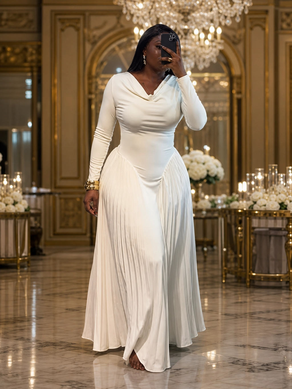 The "Opulent Whisper" Draped Pleated Maxi Dress